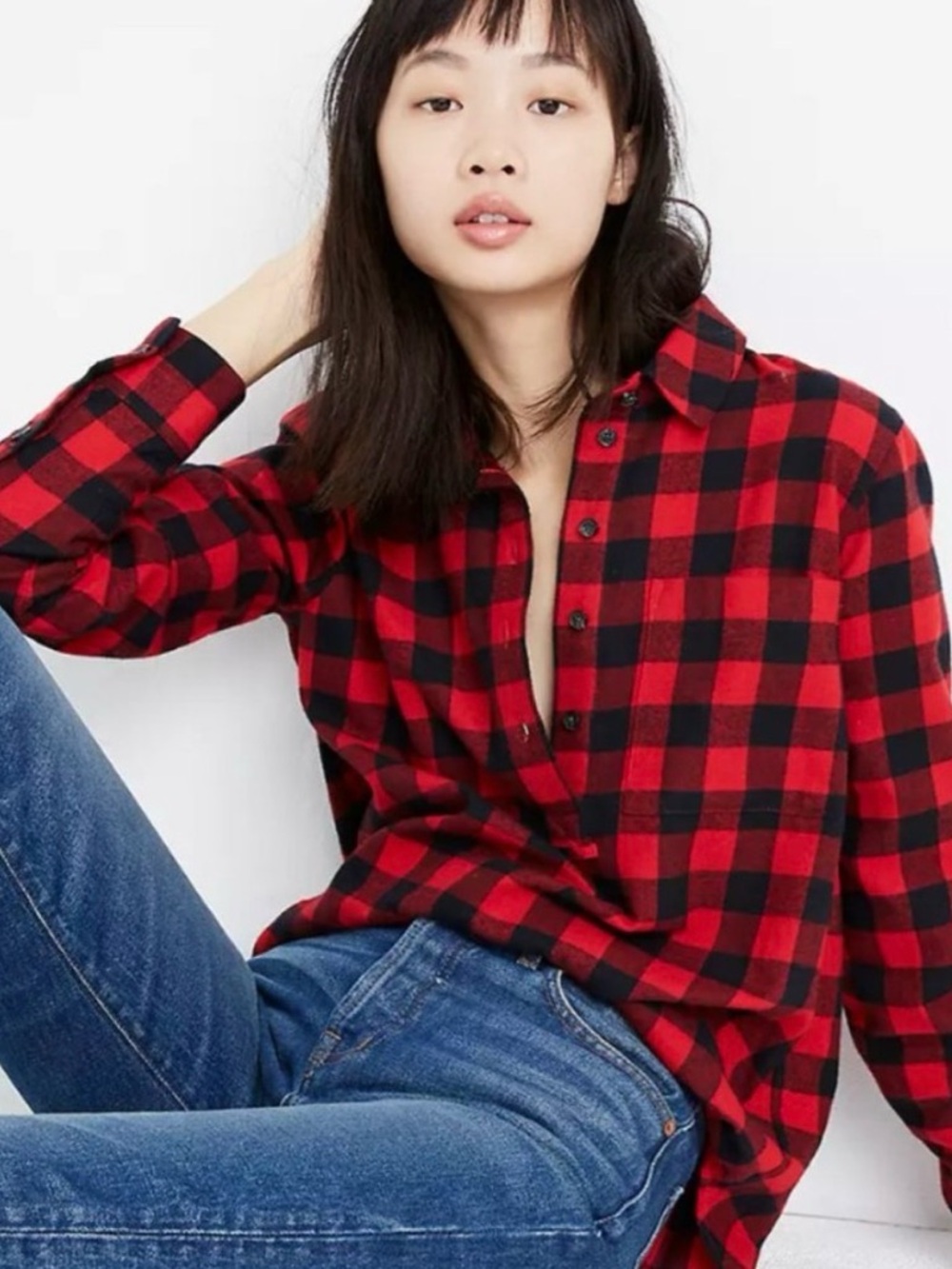 Madewell Flannel Popover Shirt Buffalo Check Red Black | Size L